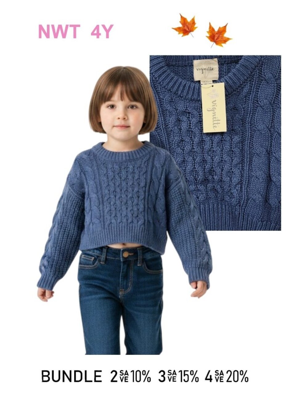 VIGNETTE Blue Cable Knit Sweater Casual Cozy Winter Layer - Girl Size 4Y